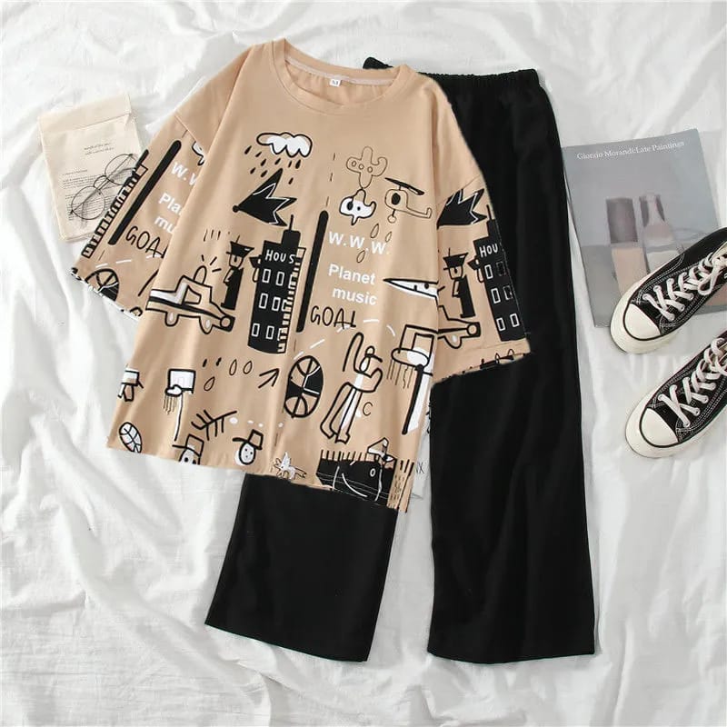 Beige Multi Printed Night Wear (Half Sleeves)