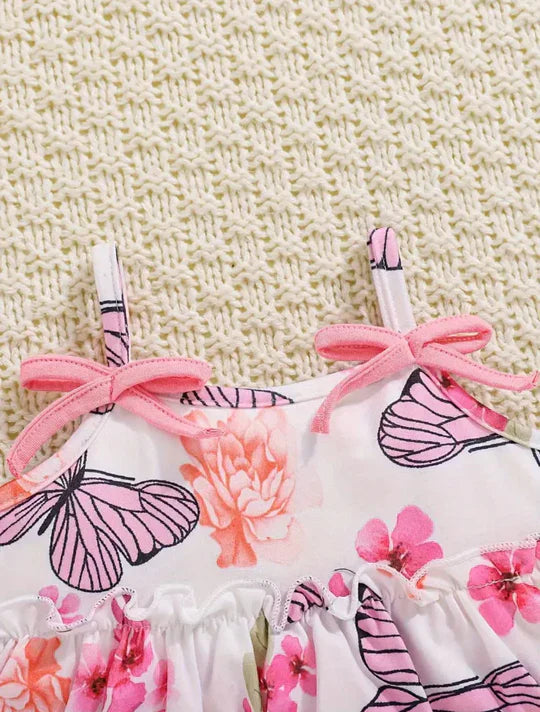 FLORAL & BUTTERFLY PRINT RUFFLE HEM TOP WITH SHORT