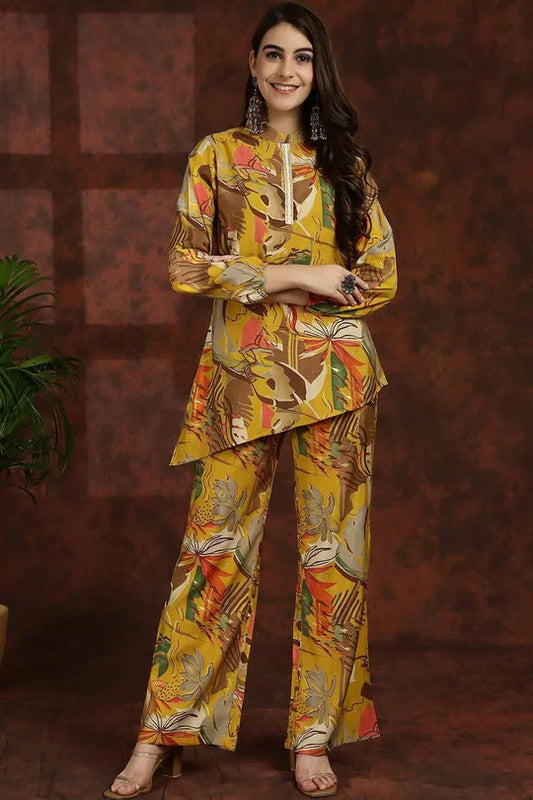 YELLOW FLORAL PRINTED TUNIC PALAZZO ETHNIC CO-ORD SET