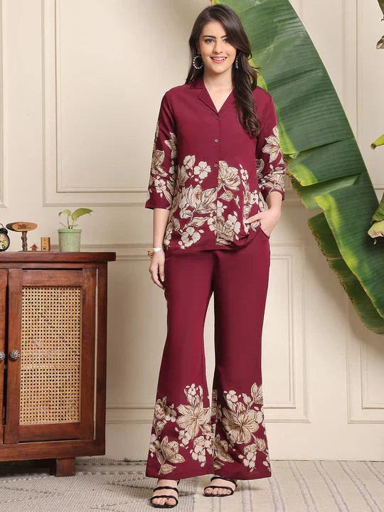 B#255 WINE FLORAL CO-ORD SET