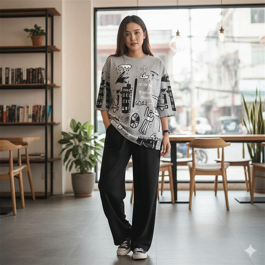 Grey Multi Printed Night Wear (Half Sleeves)