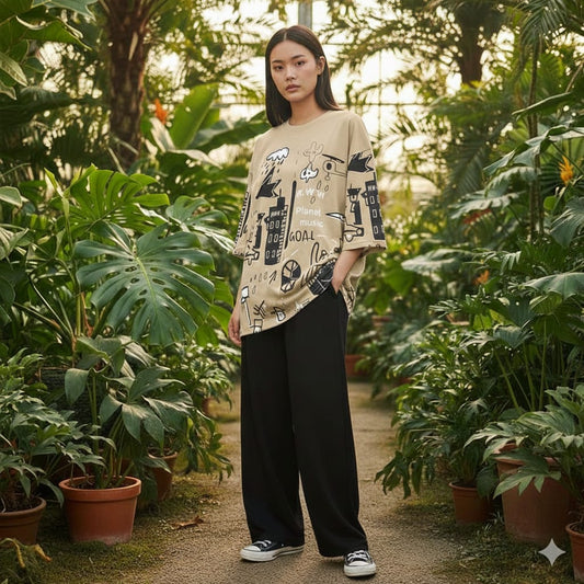 Beige Multi Printed Night Wear (Half Sleeves)