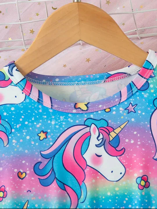 CUTE UNICORN RAINBOW PRINT ROUND NECK SHORT SLEEVE WAIST-CUT DRESS