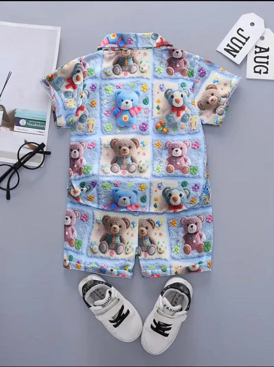 2PCS BABY BOYS BEAR 3D PRINT SHIRT & ELASTIC WAIST SHORTS SET