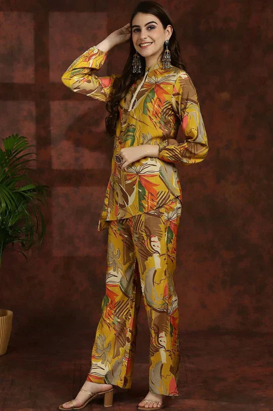 YELLOW FLORAL PRINTED TUNIC PALAZZO ETHNIC CO-ORD SET