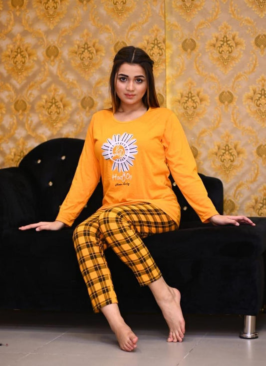 Yellow Flower Full Sleeves Printed Nightwear With Checkered Pajama